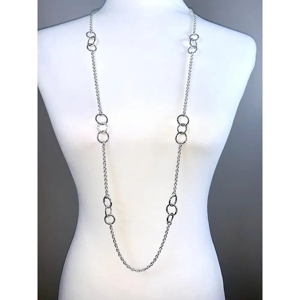 Banana Republic Hammered Silver Interlocking Rings Long Statement Necklace